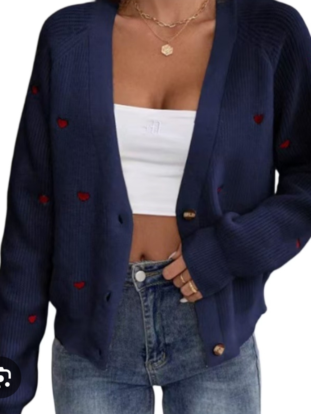 Navy Heart-Embroidered Button-Up Cardigan